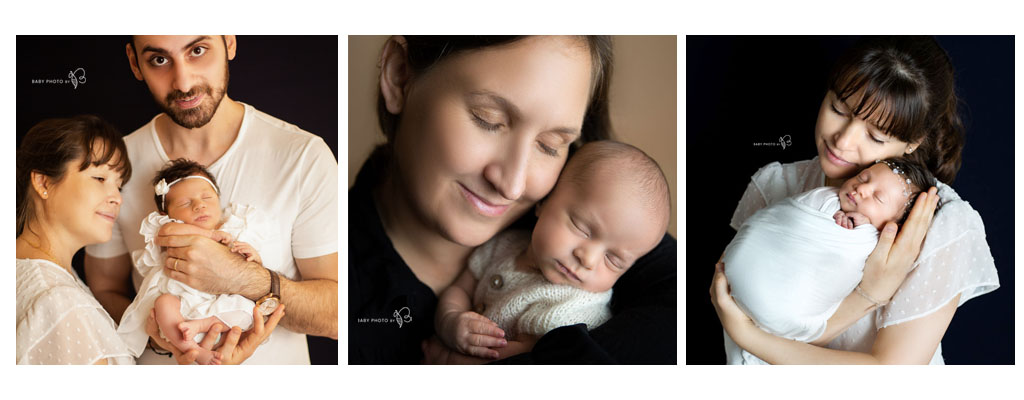 family photoshoot, collage of 3 photos with newborn